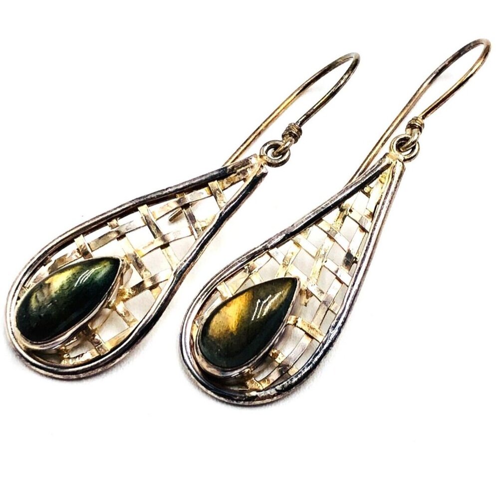 Sajen Large Labradorite Gemstone Sterling Silver 925 2 Inch Pierced Earrings
